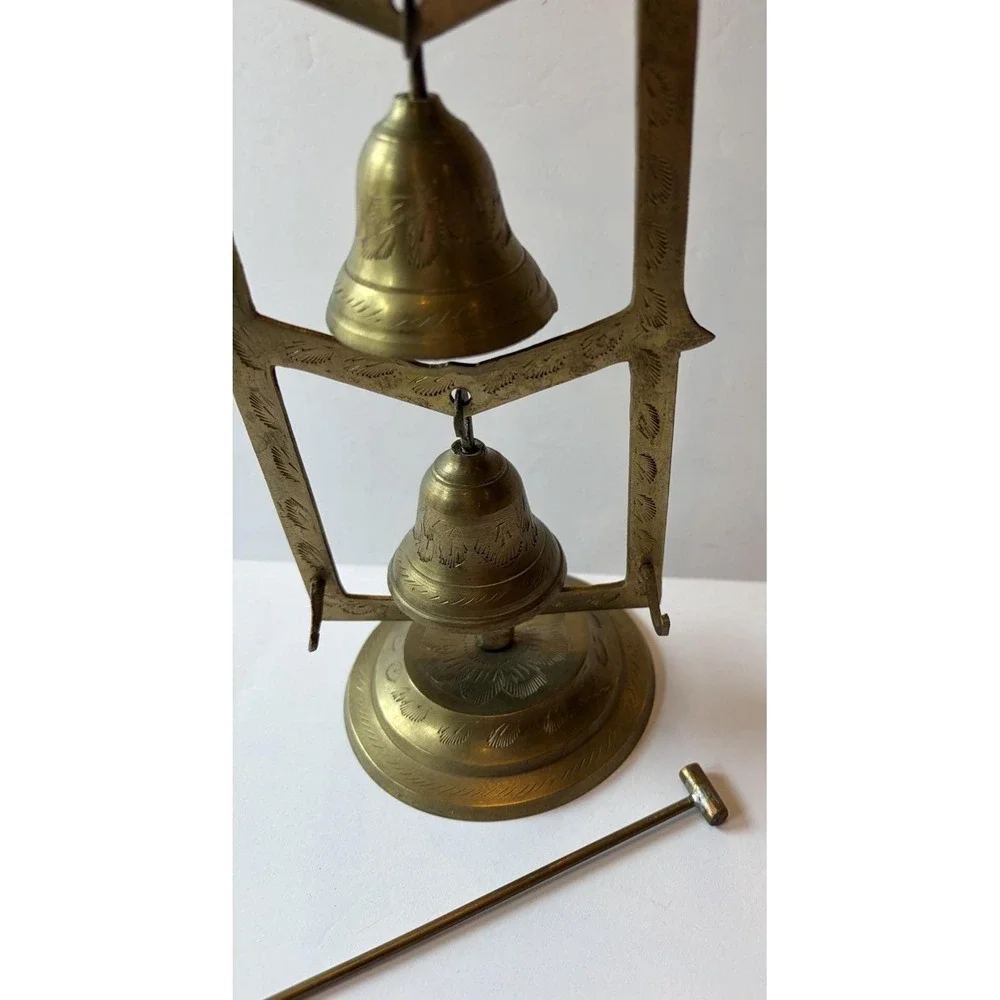 Vintage Brass Bell Tree 3 Etched Bells Stand Striker India Meditation Boho